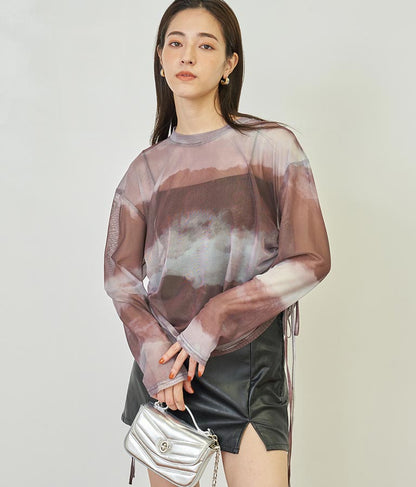 ニュアンス柄サイドシャーリングシアートップス 153-5494