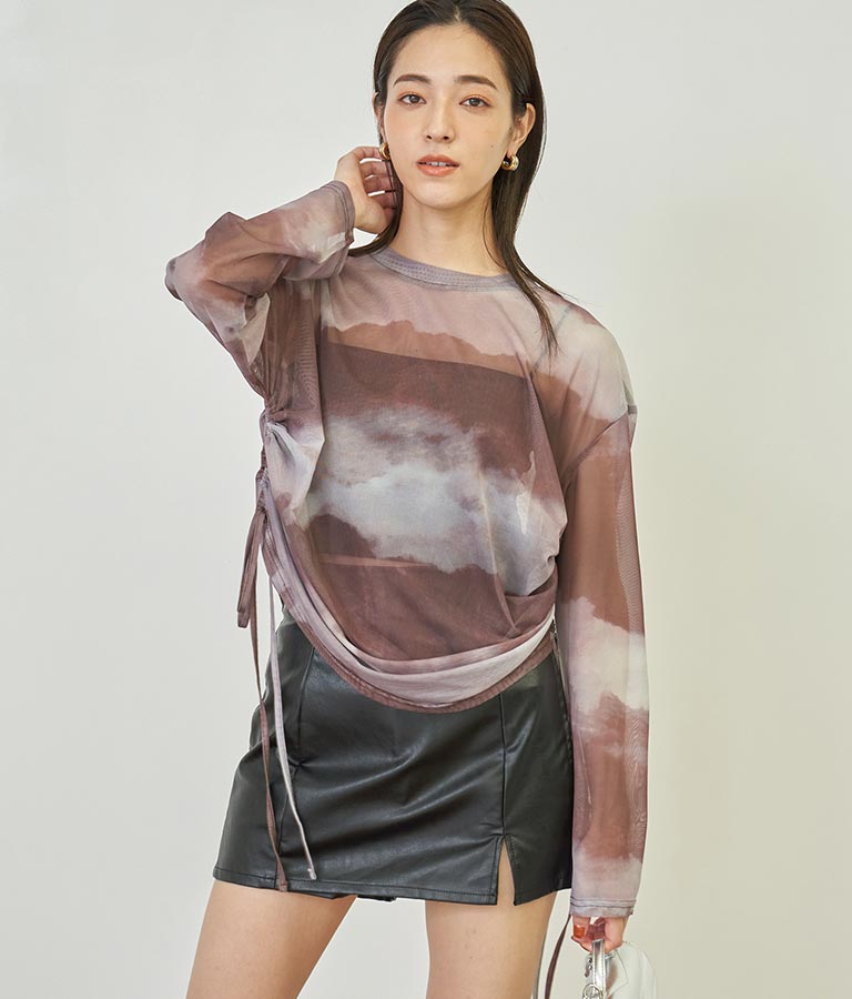 ニュアンス柄サイドシャーリングシアートップス 153-5494