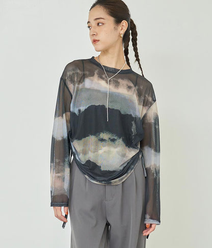 ニュアンス柄サイドシャーリングシアートップス 153-5494