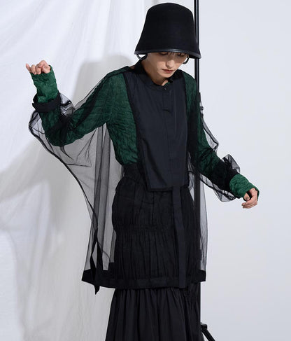 ノーカラー チュールレース シアーシャツ ロングシャツ 長袖シャツ