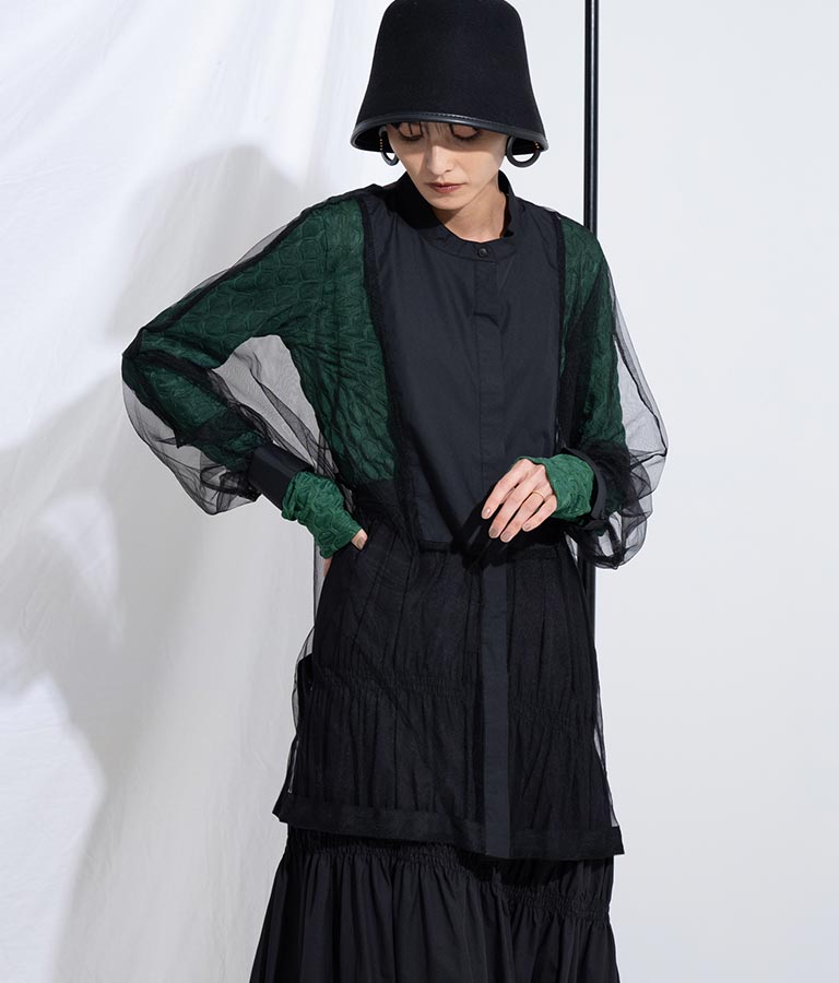 ノーカラー チュールレース シアーシャツ ロングシャツ 長袖シャツ 363-9266