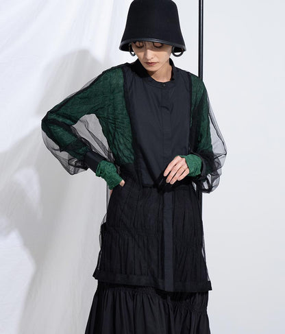 ノーカラー チュールレース シアーシャツ ロングシャツ 長袖シャツ 363-9266