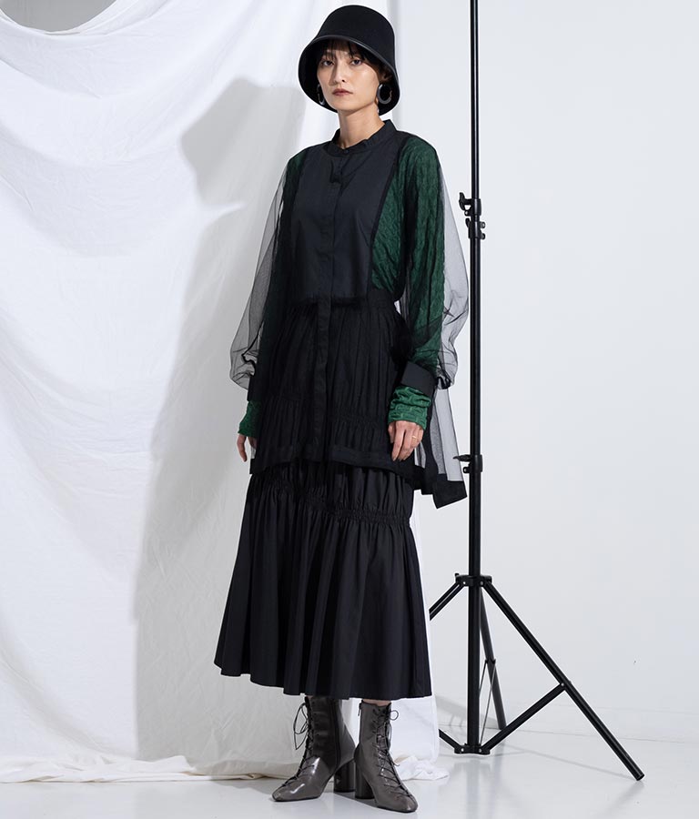 ノーカラー チュールレース シアーシャツ ロングシャツ 長袖シャツ 363-9266