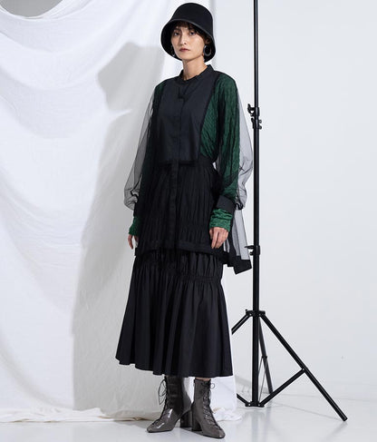 ノーカラー チュールレース シアーシャツ ロングシャツ 長袖シャツ 363-9266