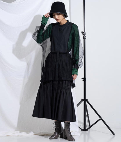 ノーカラー チュールレース シアーシャツ ロングシャツ 長袖シャツ 363-9266