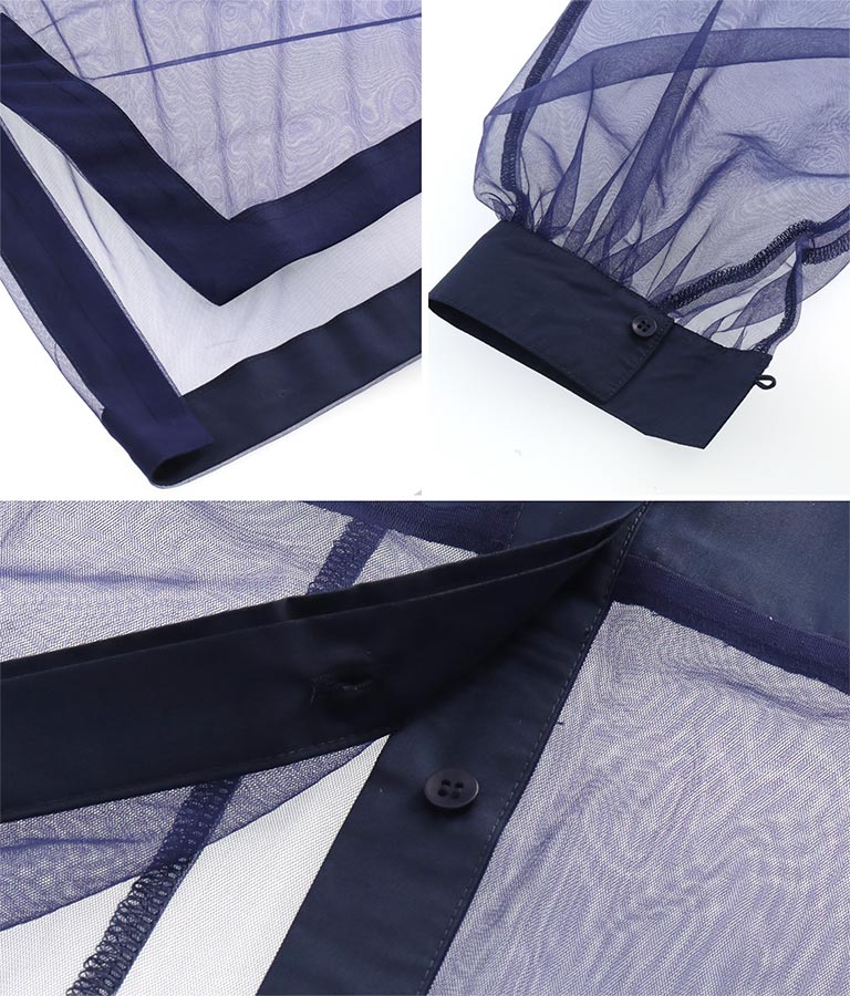 ノーカラー チュールレース シアーシャツ ロングシャツ 長袖シャツ 363-9266