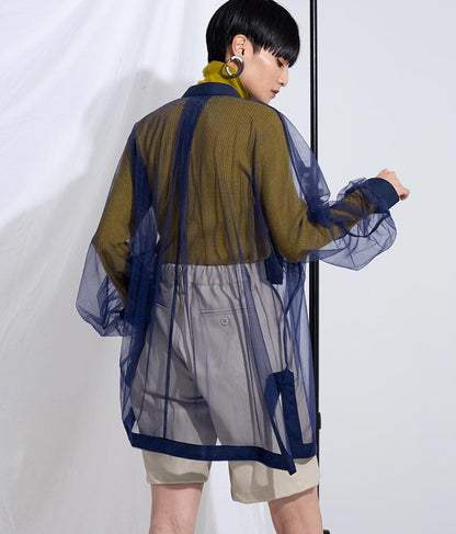 ノーカラー チュールレース シアーシャツ ロングシャツ 長袖シャツ 363-9266