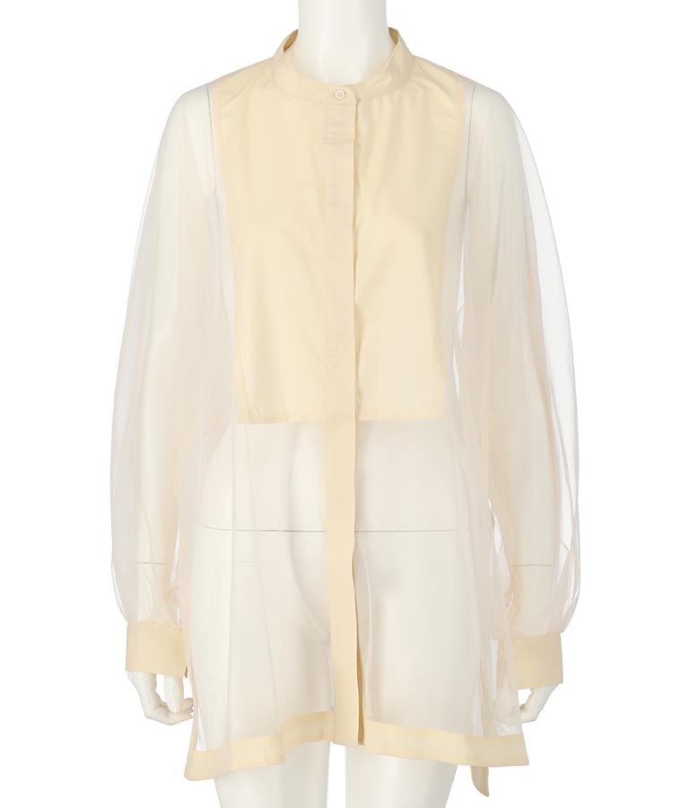 ノーカラー チュールレース シアーシャツ ロングシャツ 長袖シャツ 363-9266
