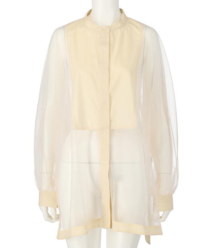 ノーカラー チュールレース シアーシャツ ロングシャツ 長袖シャツ 363-9266