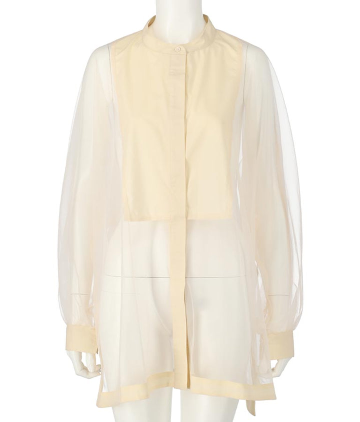 ノーカラー チュールレース シアーシャツ ロングシャツ 長袖シャツ 363-9266