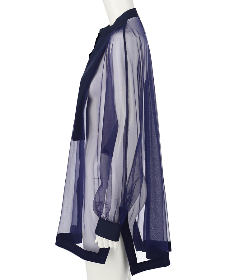 ノーカラー チュールレース シアーシャツ ロングシャツ 長袖シャツ 363-9266