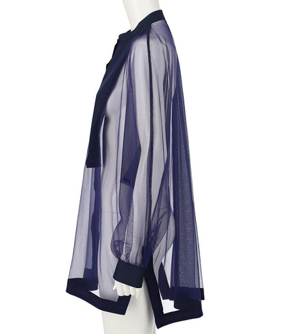 ノーカラー チュールレース シアーシャツ ロングシャツ 長袖シャツ 363-9266