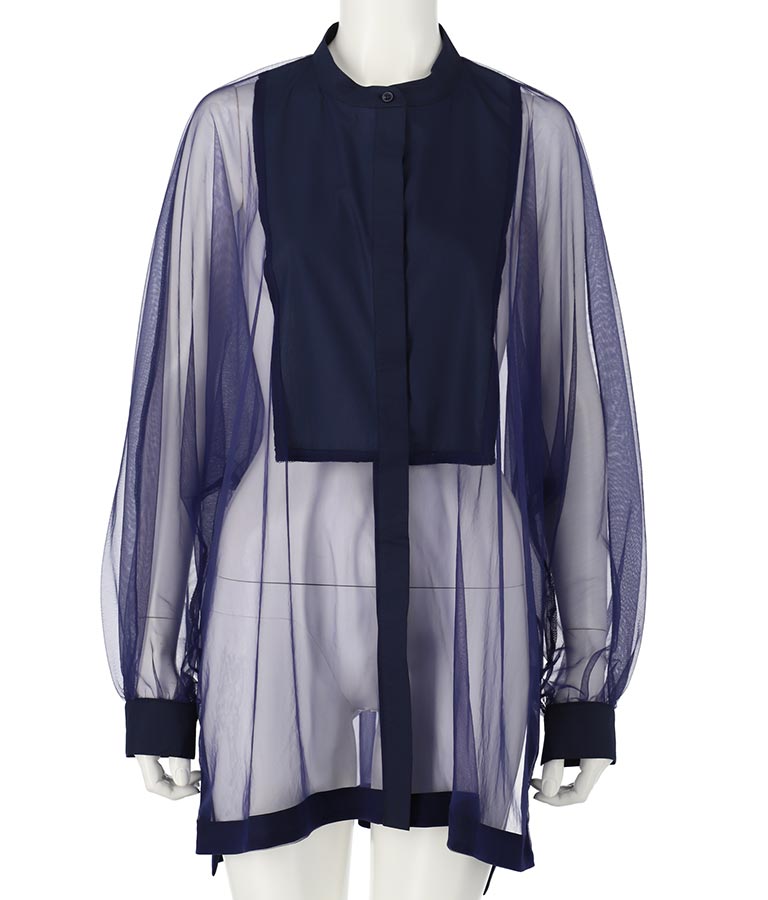 ノーカラー チュールレース シアーシャツ ロングシャツ 長袖シャツ 363-9266