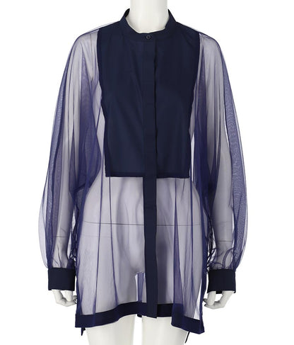 ノーカラー チュールレース シアーシャツ ロングシャツ 長袖シャツ 363-9266