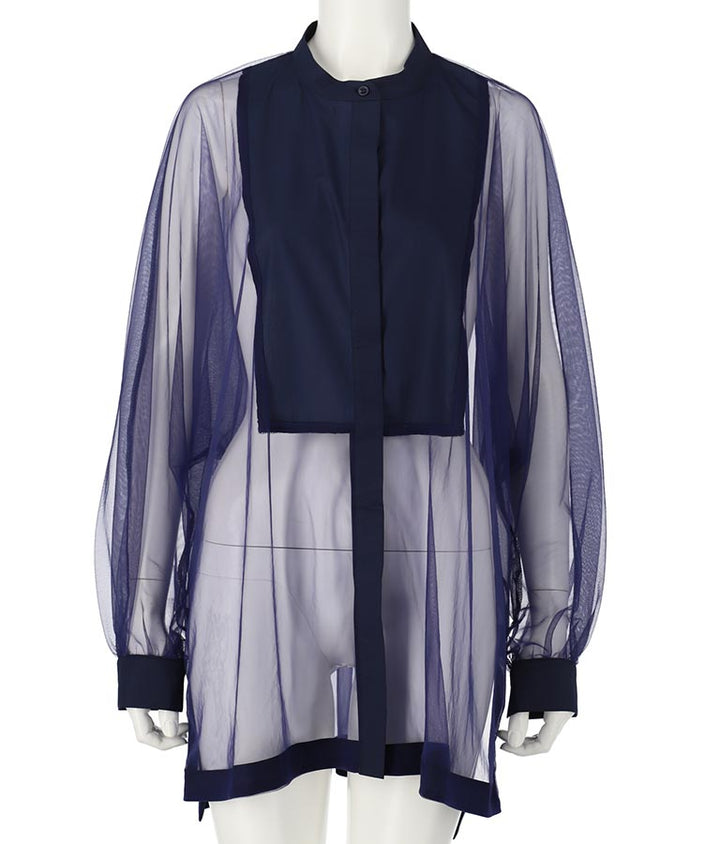 ノーカラー チュールレース シアーシャツ ロングシャツ 長袖シャツ 363-9266