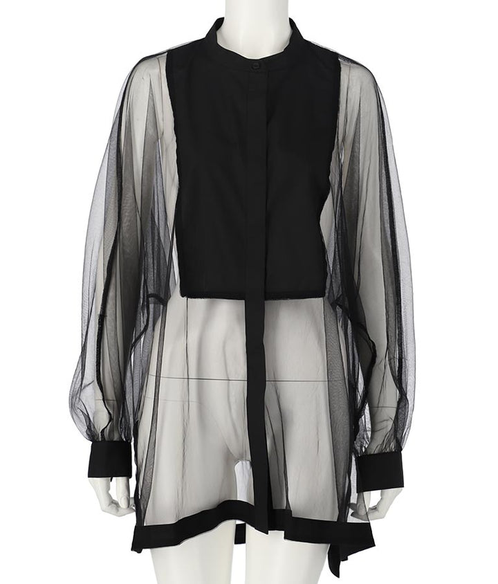 ノーカラー チュールレース シアーシャツ ロングシャツ 長袖シャツ 363-9266