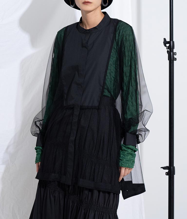 ノーカラー チュールレース シアーシャツ ロングシャツ 長袖シャツ 363-9266