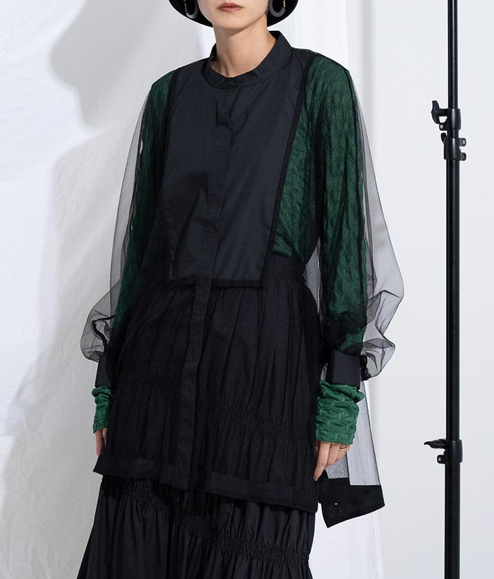ノーカラー チュールレース シアーシャツ ロングシャツ 長袖シャツ 363-9266
