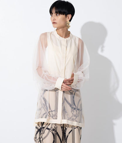 ノーカラー チュールレース シアーシャツ ロングシャツ 長袖シャツ 363-9266