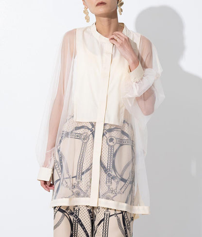 ノーカラー チュールレース シアーシャツ ロングシャツ 長袖シャツ 363-9266