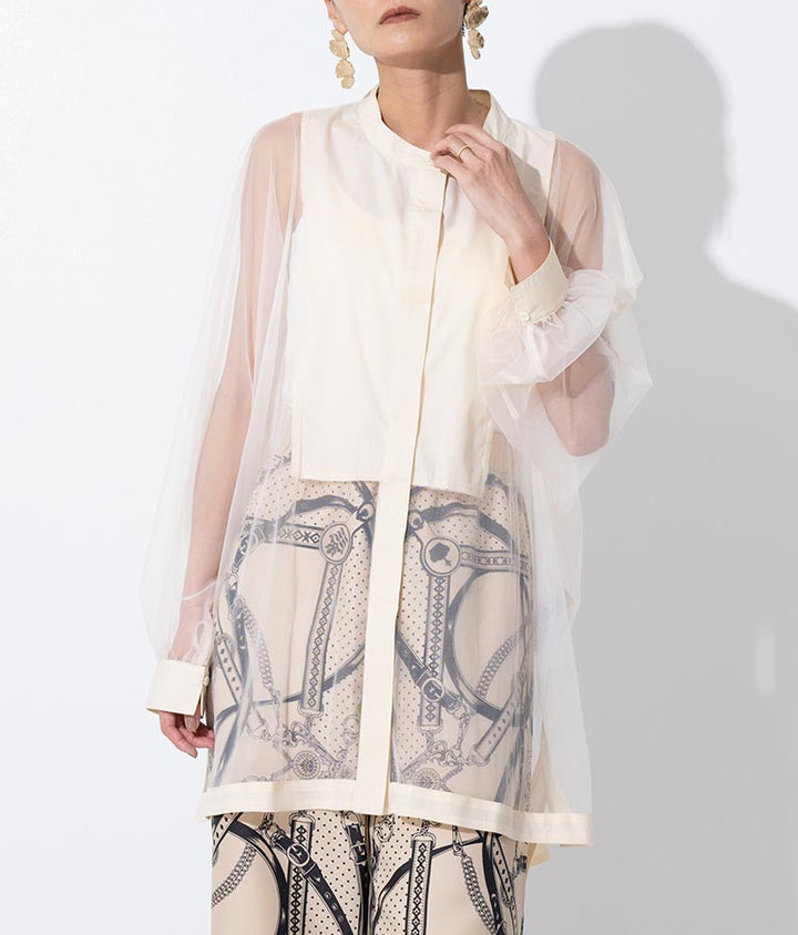 ノーカラー チュールレース シアーシャツ ロングシャツ 長袖シャツ 363-9266