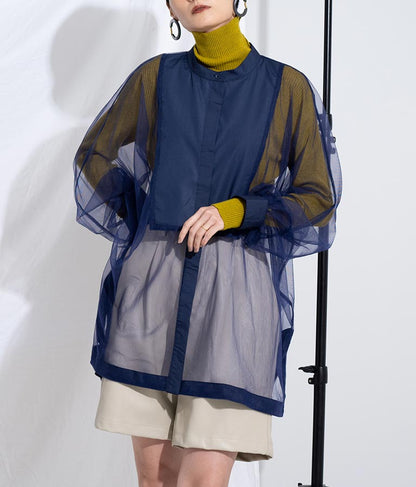 ノーカラー チュールレース シアーシャツ ロングシャツ 長袖シャツ 363-9266