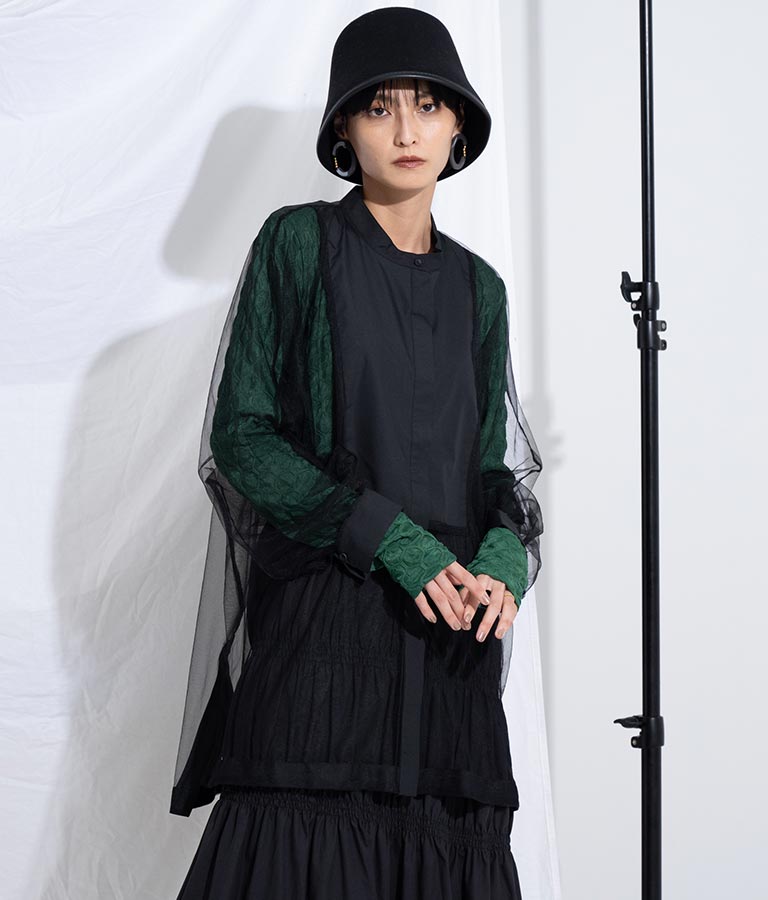 ノーカラー チュールレース シアーシャツ ロングシャツ 長袖シャツ 363-9266