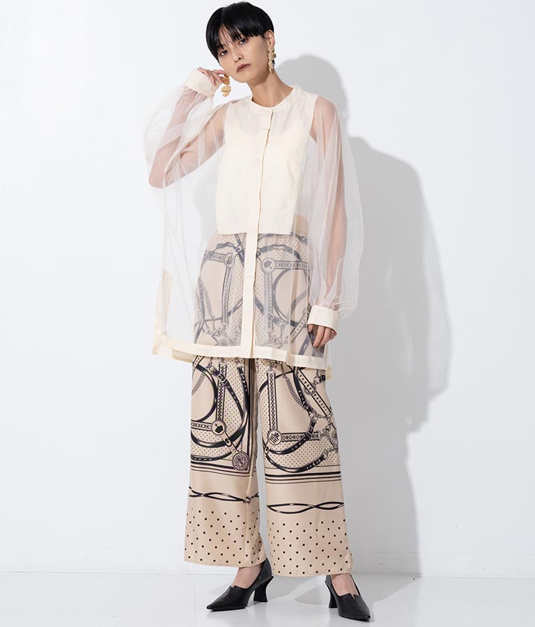 ノーカラー チュールレース シアーシャツ ロングシャツ 長袖シャツ 363-9266