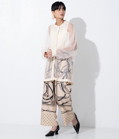 ノーカラー チュールレース シアーシャツ ロングシャツ 長袖シャツ 363-9266