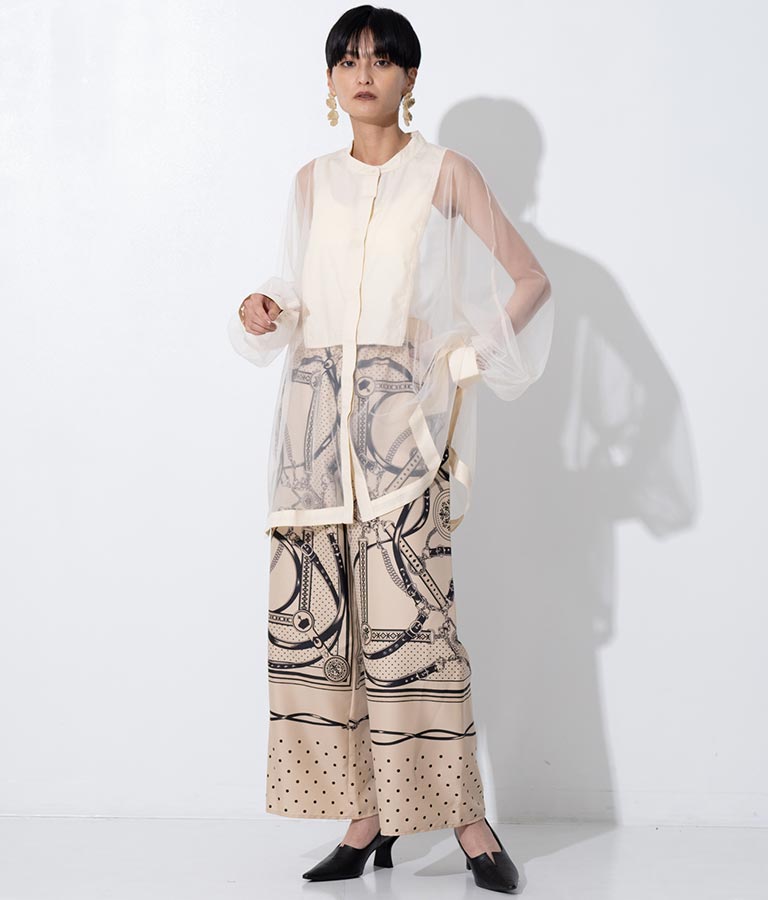 ノーカラー チュールレース シアーシャツ ロングシャツ 長袖シャツ 363-9266