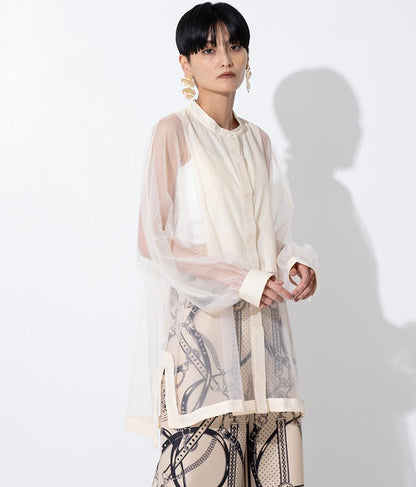 ノーカラー チュールレース シアーシャツ ロングシャツ 長袖シャツ 363-9266