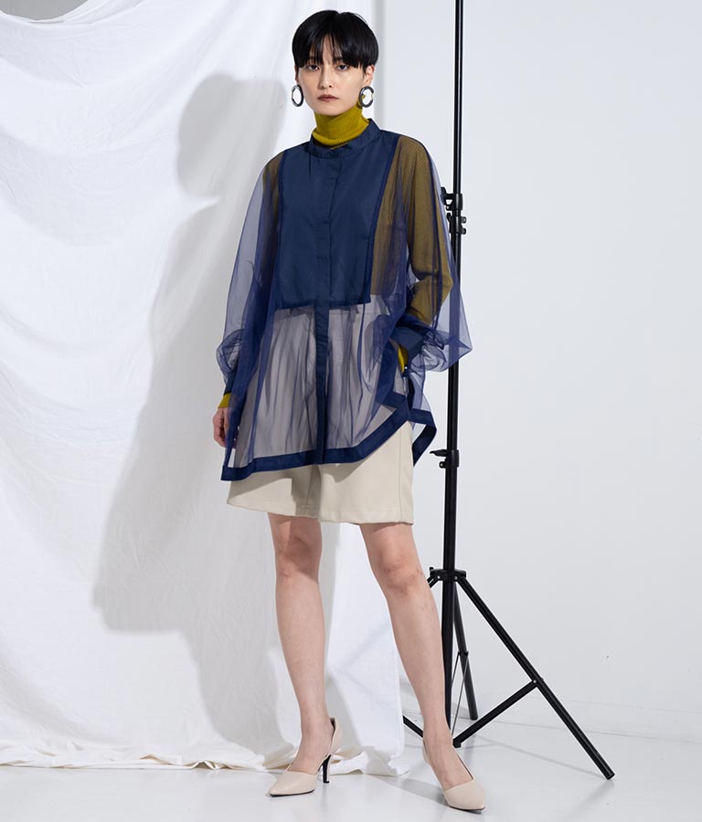 ノーカラー チュールレース シアーシャツ ロングシャツ 長袖シャツ 363-9266