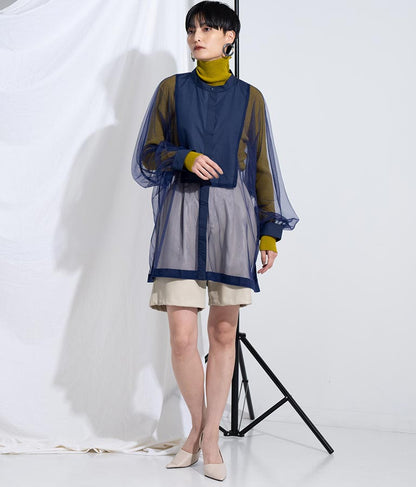 ノーカラー チュールレース シアーシャツ ロングシャツ 長袖シャツ 363-9266