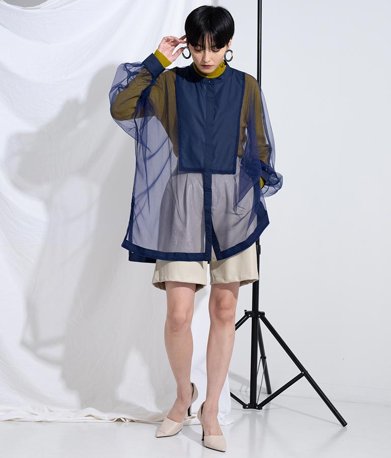 ノーカラー チュールレース シアーシャツ ロングシャツ 長袖シャツ 363-9266