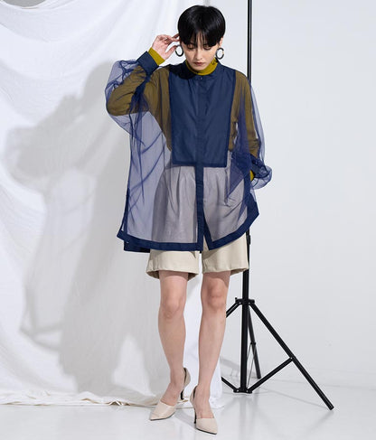 ノーカラー チュールレース シアーシャツ ロングシャツ 長袖シャツ 363-9266