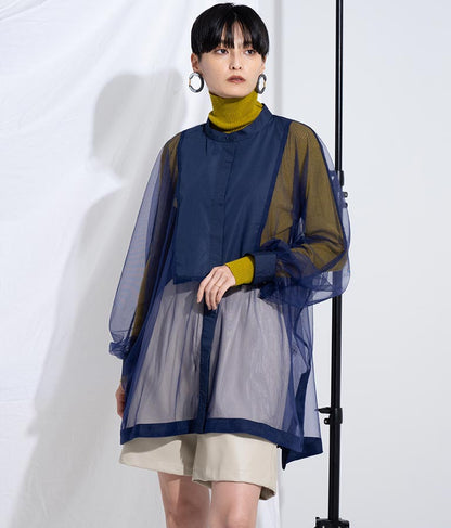 ノーカラー チュールレース シアーシャツ ロングシャツ 長袖シャツ 363-9266