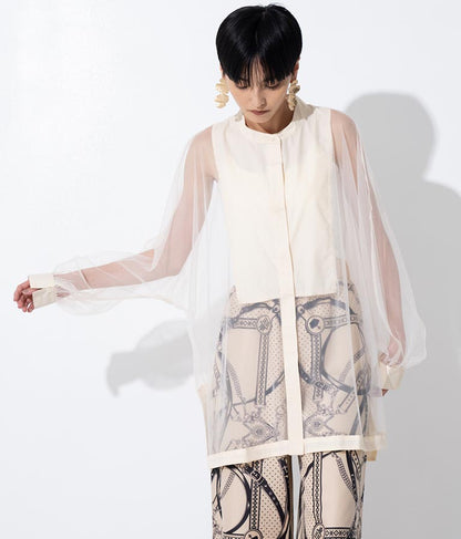 ノーカラー チュールレース シアーシャツ ロングシャツ 長袖シャツ 363-9266