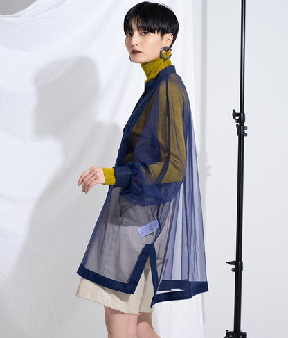 ノーカラー チュールレース シアーシャツ ロングシャツ 長袖シャツ 363-9266