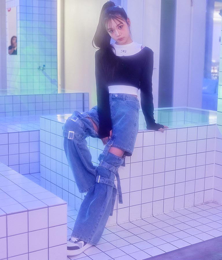 4WAY ジップ 付き セパレート デニム ワイド パンツ 912-7215