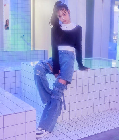 4WAY ジップ 付き セパレート デニム ワイド パンツ 912-7215