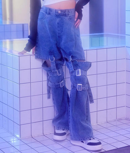 4WAY ジップ 付き セパレート デニム ワイド パンツ 912-7215