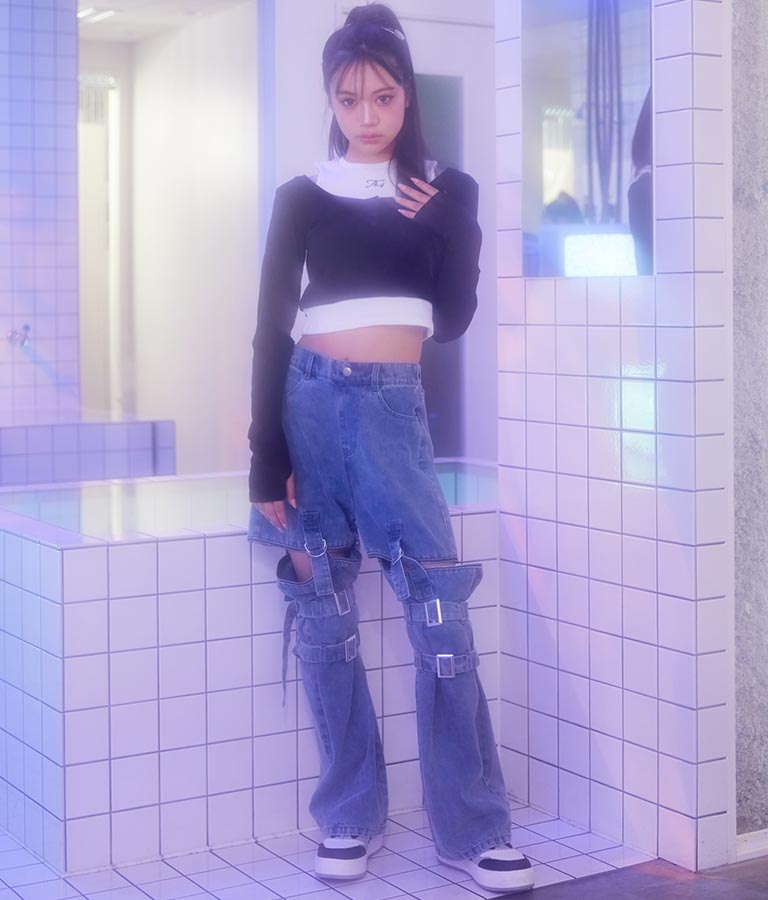 4WAY ジップ 付き セパレート デニム ワイド パンツ 912-7215