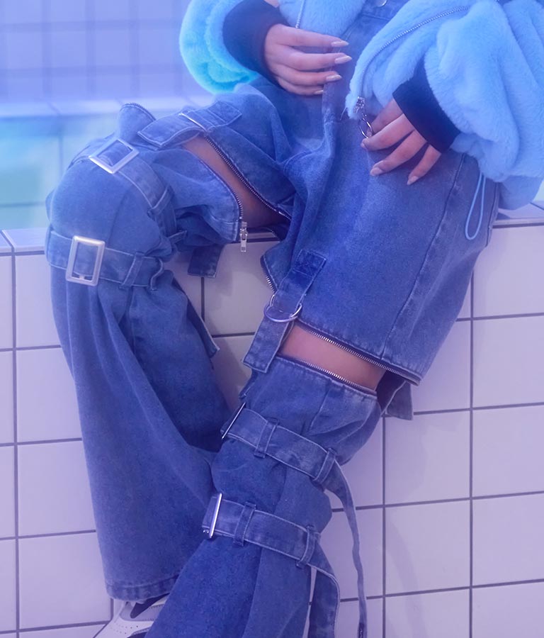 4WAY ジップ 付き セパレート デニム ワイド パンツ 912-7215