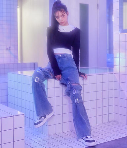 4WAY ジップ 付き セパレート デニム ワイド パンツ 912-7215