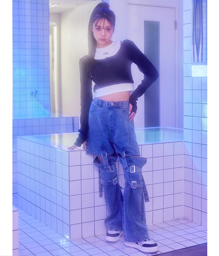 4WAY ジップ 付き セパレート デニム ワイド パンツ 912-7215