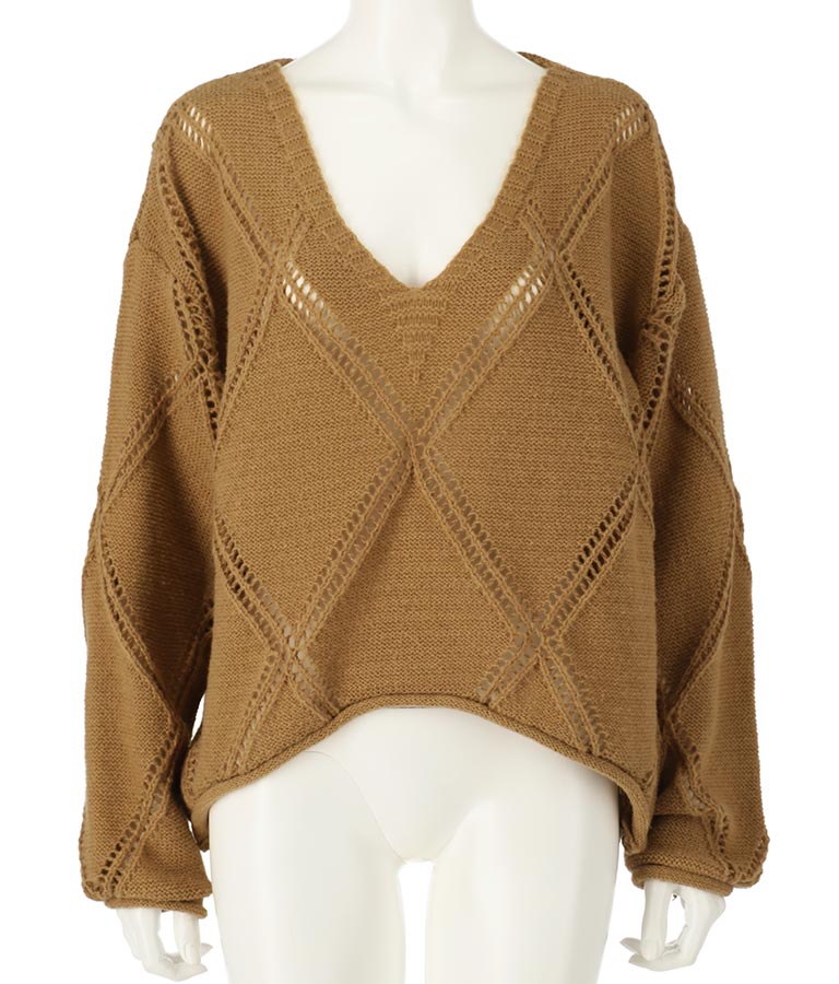 Vネックダイヤカット透かし編ニットトップス