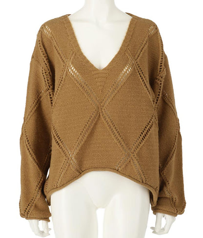 Vネックダイヤカット透かし編ニットトップス