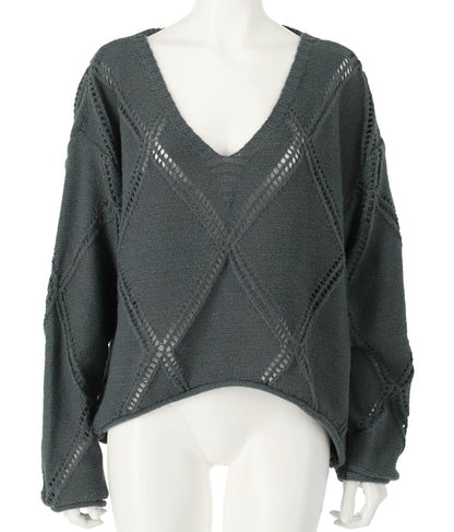 Vネックダイヤカット透かし編ニットトップス 813-6700