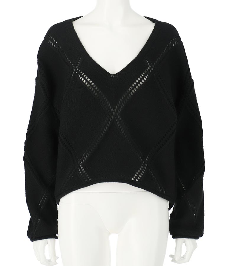 Vネックダイヤカット透かし編ニットトップス 813-6700