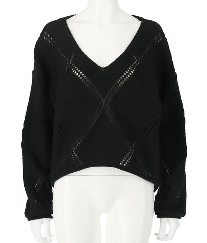 Vネックダイヤカット透かし編ニットトップス 813-6700